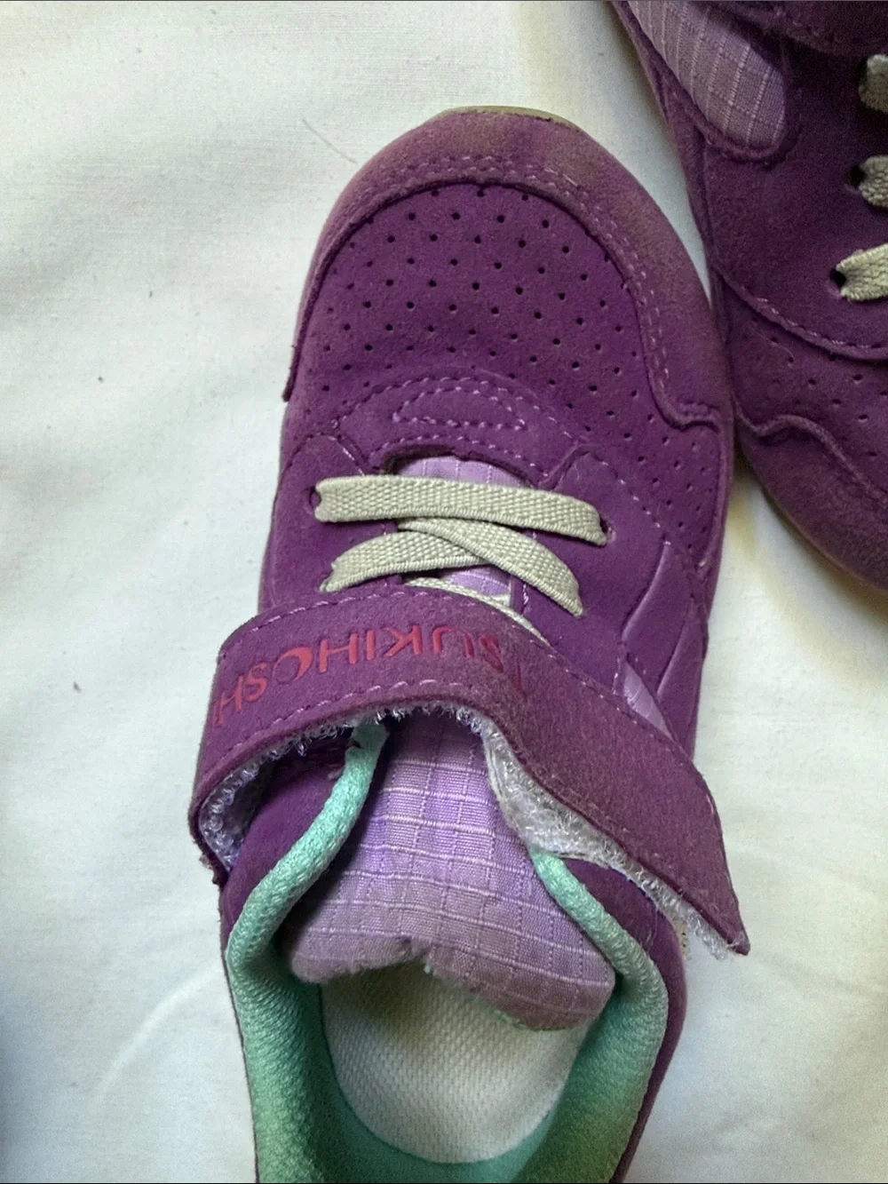 Tsukihoshi Purple Kids Sneakers with Mint Lining and Pink Pull Tabs - Velcro. 9